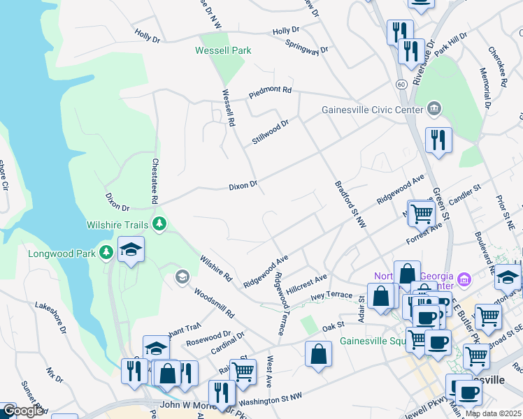 map of restaurants, bars, coffee shops, grocery stores, and more near 765 Circle Drive in Gainesville