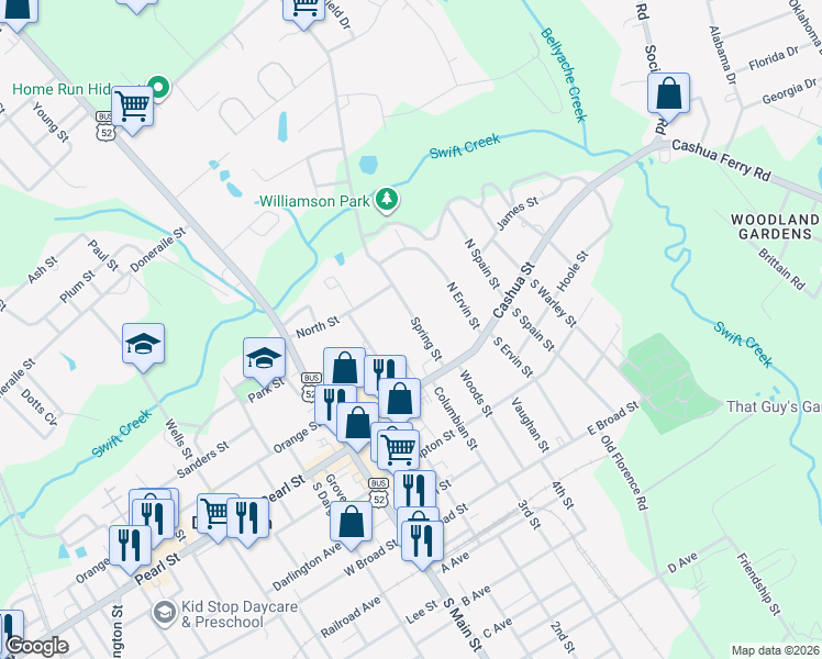 map of restaurants, bars, coffee shops, grocery stores, and more near 121 Spring Street in Darlington