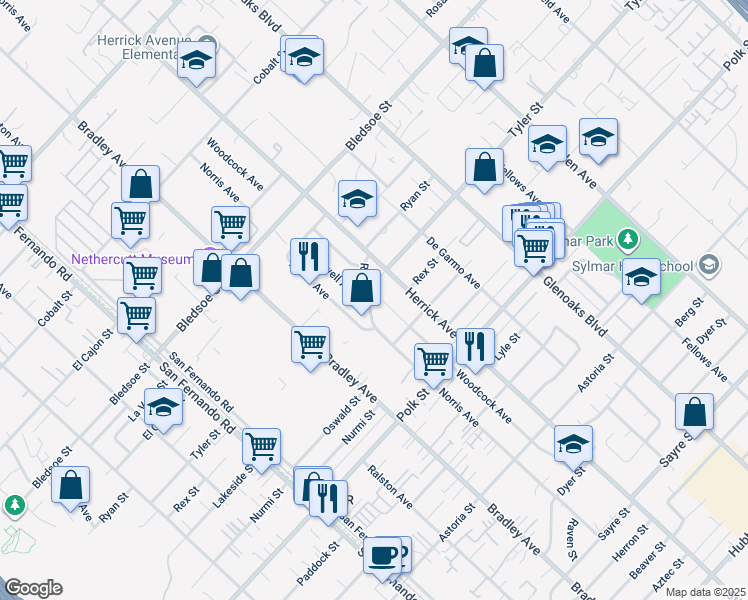 map of restaurants, bars, coffee shops, grocery stores, and more near 14958 Ryan Street in Los Angeles