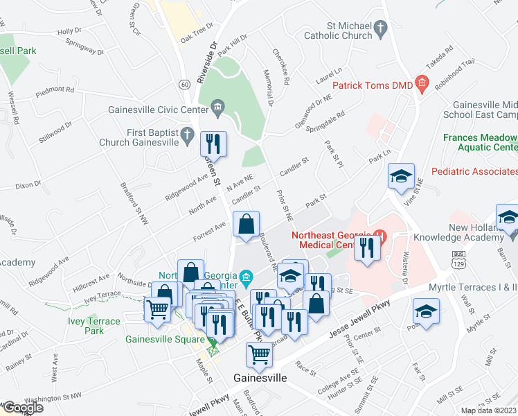 map of restaurants, bars, coffee shops, grocery stores, and more near 442 Boulevard Northeast in Gainesville