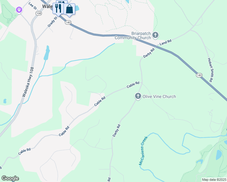 map of restaurants, bars, coffee shops, grocery stores, and more near 1013 Cable Road in Waleska