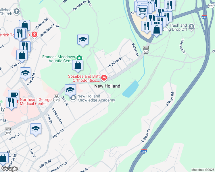 map of restaurants, bars, coffee shops, grocery stores, and more near 1640 Jesse Jewell Parkway Southeast in Gainesville