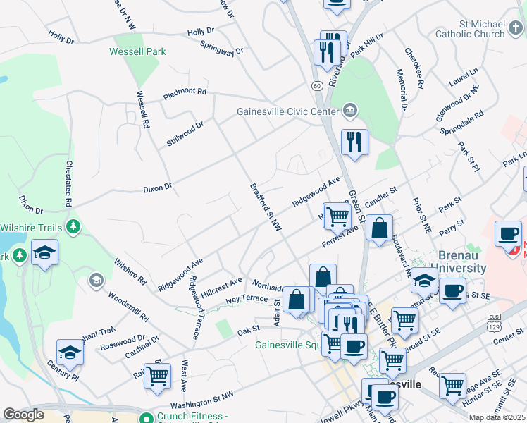 map of restaurants, bars, coffee shops, grocery stores, and more near 725 Bradford Street Northwest in Gainesville