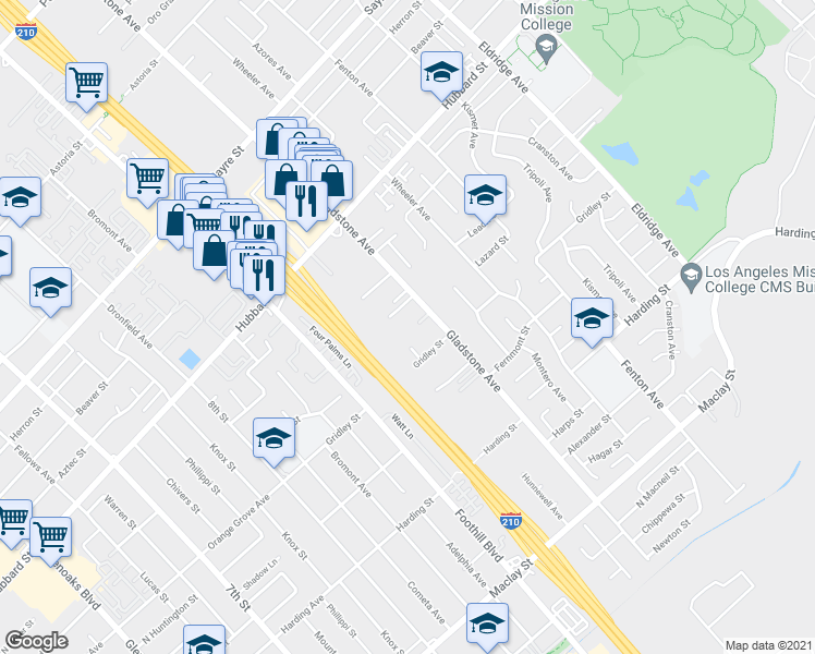 map of restaurants, bars, coffee shops, grocery stores, and more near 13029 Gladstone Avenue in Los Angeles