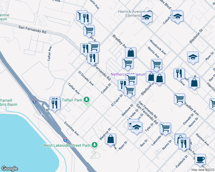 map of restaurants, bars, coffee shops, grocery stores, and more near 15515 Cobalt Street in Los Angeles