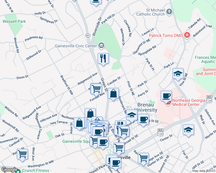 map of restaurants, bars, coffee shops, grocery stores, and more near 466 Green Street in Gainesville