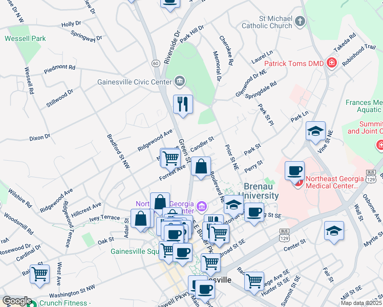 map of restaurants, bars, coffee shops, grocery stores, and more near 466 Green Street in Gainesville