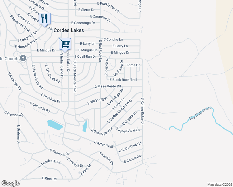 map of restaurants, bars, coffee shops, grocery stores, and more near 20854 East Antelope Road in Mayer
