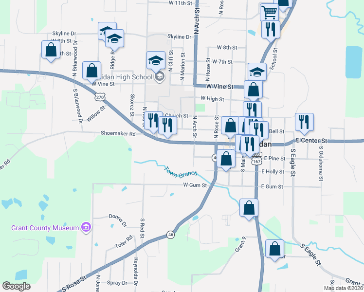 map of restaurants, bars, coffee shops, grocery stores, and more near 411 West Center Street in Sheridan