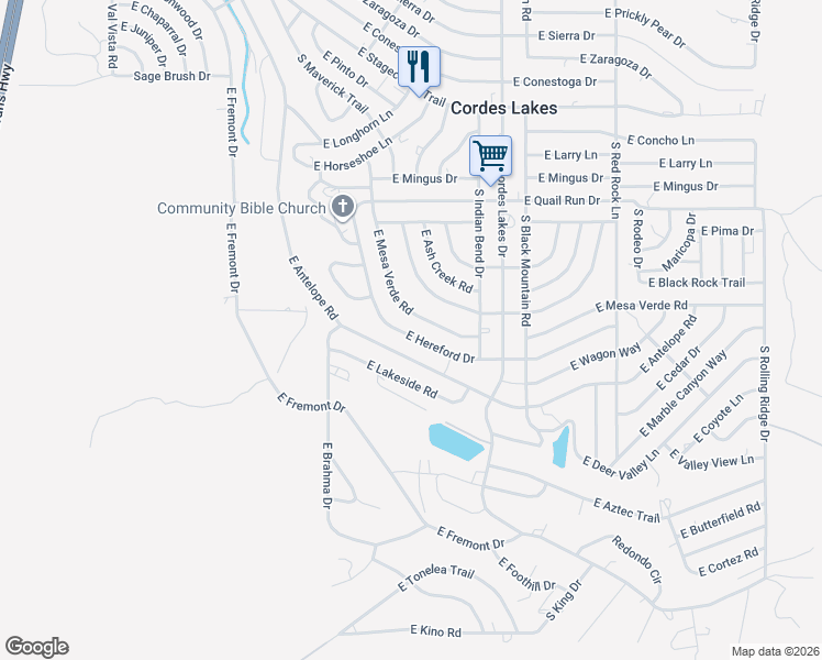 map of restaurants, bars, coffee shops, grocery stores, and more near 20188 East Hereford Drive in Mayer