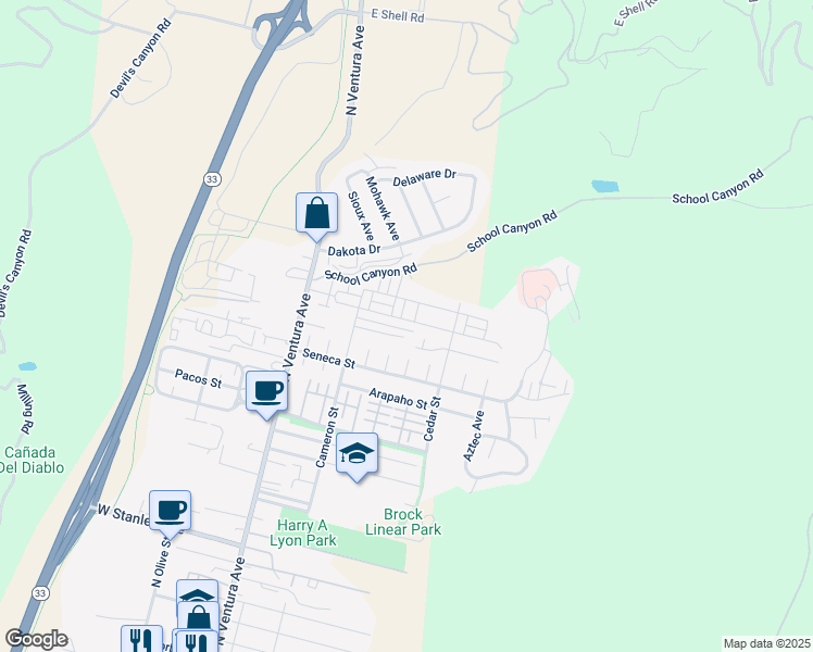 map of restaurants, bars, coffee shops, grocery stores, and more near 358 Chickasaw Street in Ventura