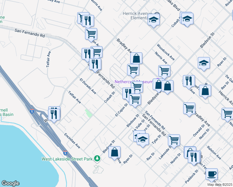map of restaurants, bars, coffee shops, grocery stores, and more near 15515 Cobalt Street in Los Angeles
