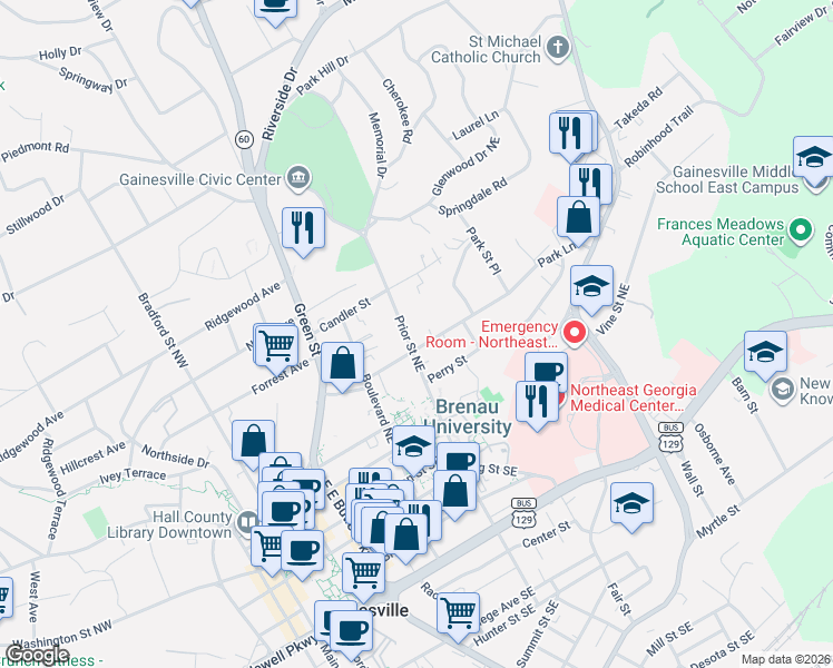 map of restaurants, bars, coffee shops, grocery stores, and more near 414 Prior Street Northeast in Gainesville