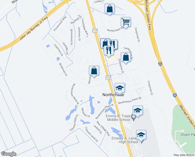 map of restaurants, bars, coffee shops, grocery stores, and more near 4411 Woodcroft Court in Wilmington