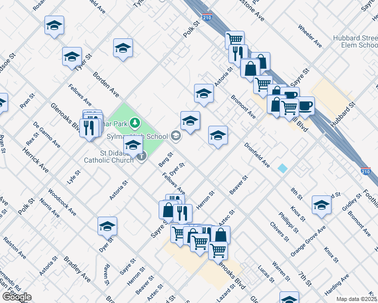 map of restaurants, bars, coffee shops, grocery stores, and more near 13050 Borden Avenue in Los Angeles