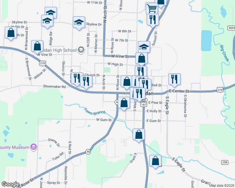 map of restaurants, bars, coffee shops, grocery stores, and more near 111 South Rose Street in Sheridan