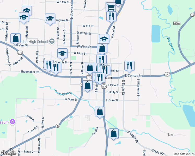 map of restaurants, bars, coffee shops, grocery stores, and more near 108 South Main Street in Sheridan