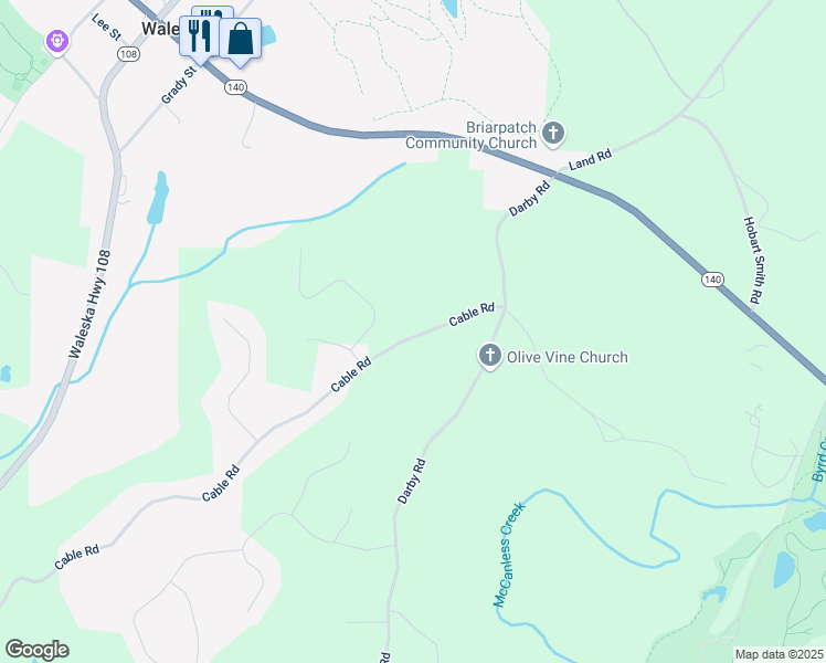 map of restaurants, bars, coffee shops, grocery stores, and more near 1017 Cable Road in Waleska