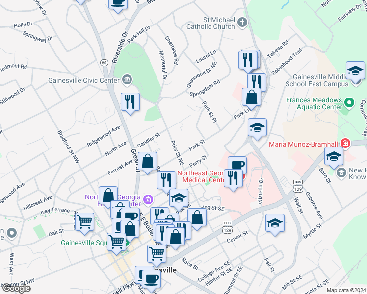 map of restaurants, bars, coffee shops, grocery stores, and more near 721 Park Street in Gainesville