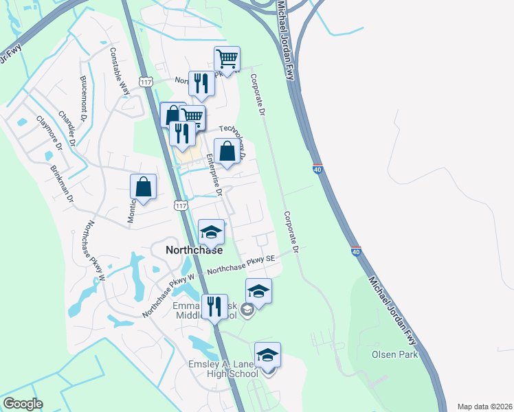 map of restaurants, bars, coffee shops, grocery stores, and more near 2511 Legend Drive in Wilmington