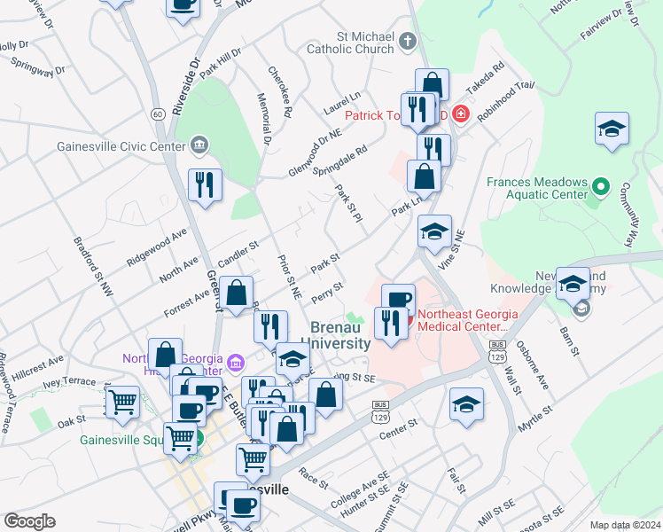 map of restaurants, bars, coffee shops, grocery stores, and more near 910 Park Street in Gainesville