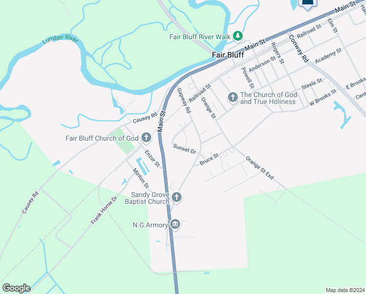 map of restaurants, bars, coffee shops, grocery stores, and more near 215 Sunset Drive in Fair Bluff