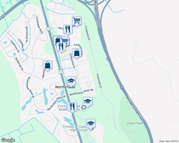 map of restaurants, bars, coffee shops, grocery stores, and more near 2507 Legend Drive in Wilmington