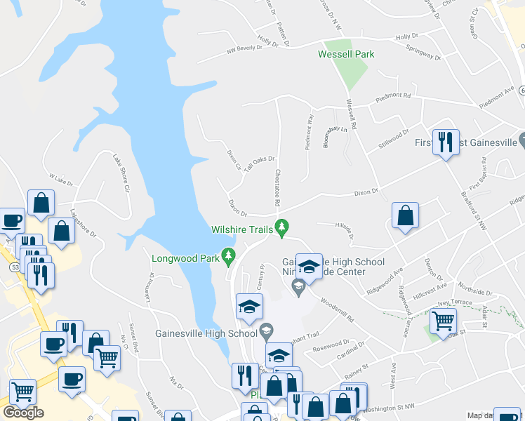 map of restaurants, bars, coffee shops, grocery stores, and more near 1004 Dixon Drive in Gainesville