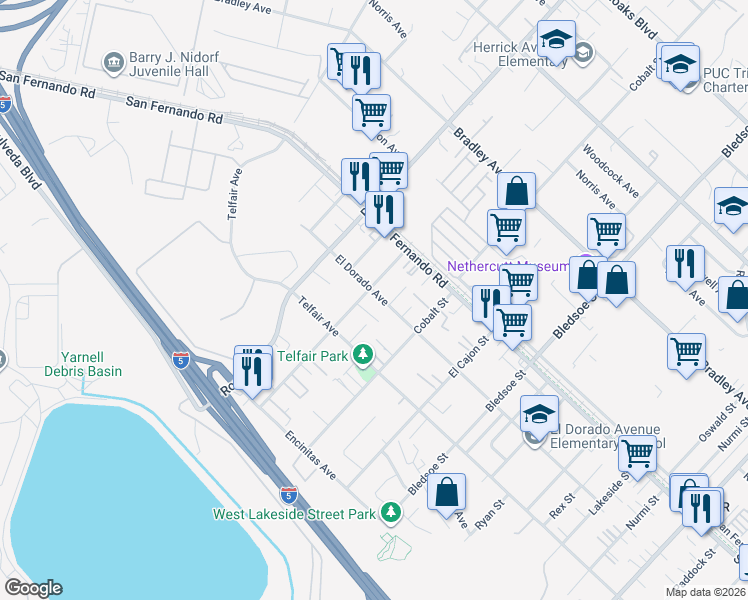 map of restaurants, bars, coffee shops, grocery stores, and more near 13027 El Dorado Avenue in Los Angeles
