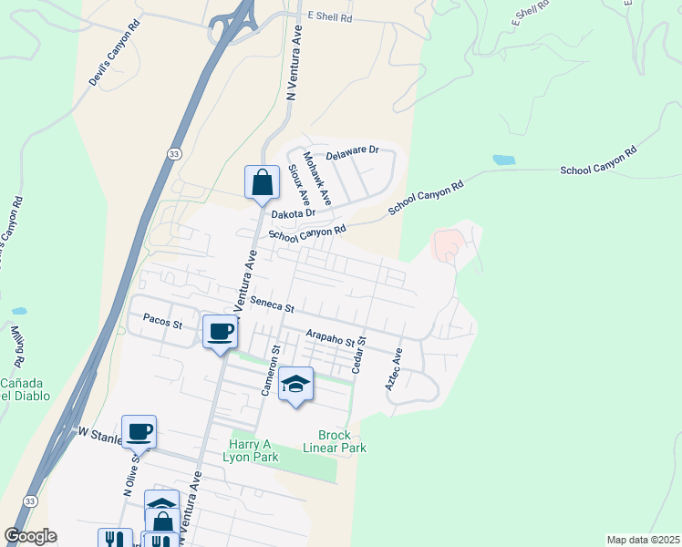 map of restaurants, bars, coffee shops, grocery stores, and more near 358 Chickasaw Street in Ventura