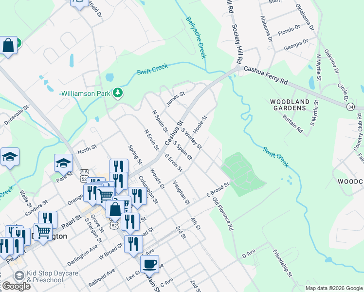 map of restaurants, bars, coffee shops, grocery stores, and more near 105 Hoole Street in Darlington