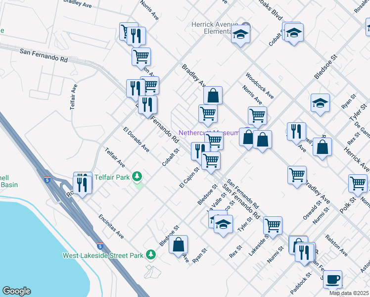map of restaurants, bars, coffee shops, grocery stores, and more near 12961 San Fernando Road in Los Angeles
