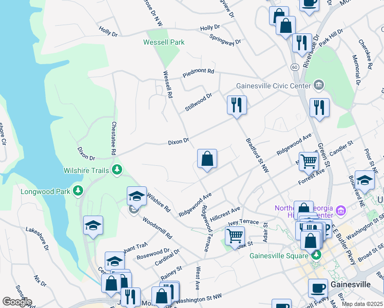 map of restaurants, bars, coffee shops, grocery stores, and more near 765 Circle Drive in Gainesville