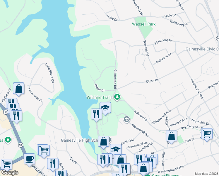 map of restaurants, bars, coffee shops, grocery stores, and more near 1004 Dixon Drive in Gainesville