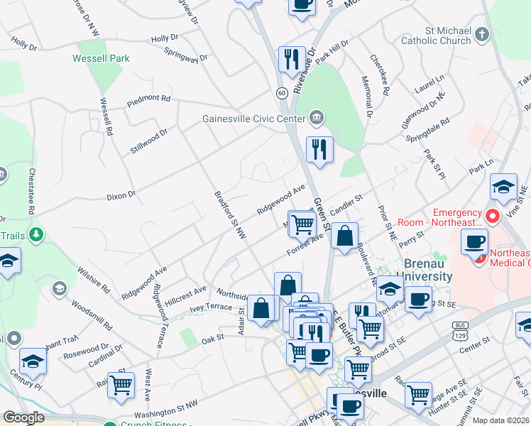 map of restaurants, bars, coffee shops, grocery stores, and more near 309 Ridgewood Avenue in Gainesville