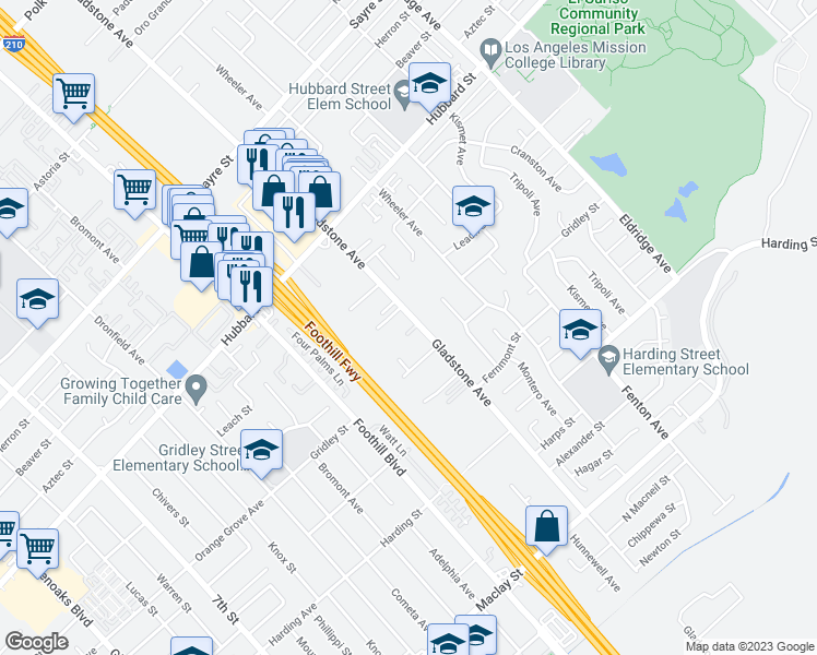 map of restaurants, bars, coffee shops, grocery stores, and more near 13041 Gladstone Avenue in Los Angeles