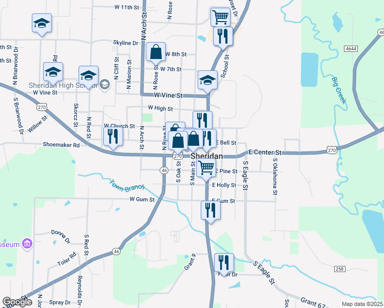 map of restaurants, bars, coffee shops, grocery stores, and more near 108 South Main Street in Sheridan