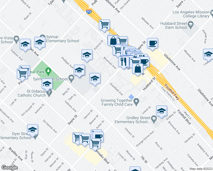 map of restaurants, bars, coffee shops, grocery stores, and more near 13944 Sayre Street in Los Angeles