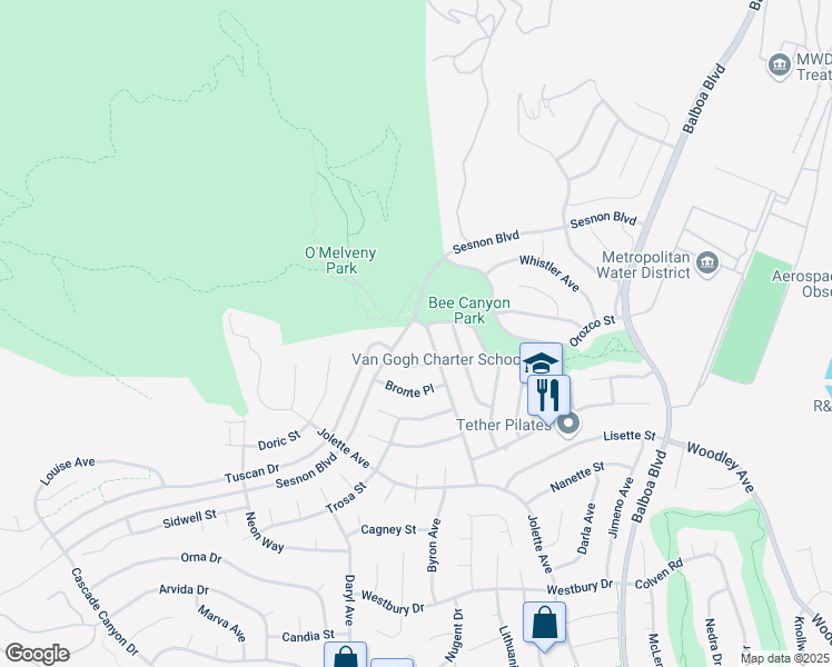 map of restaurants, bars, coffee shops, grocery stores, and more near 13075 Meadowlark Avenue in Los Angeles
