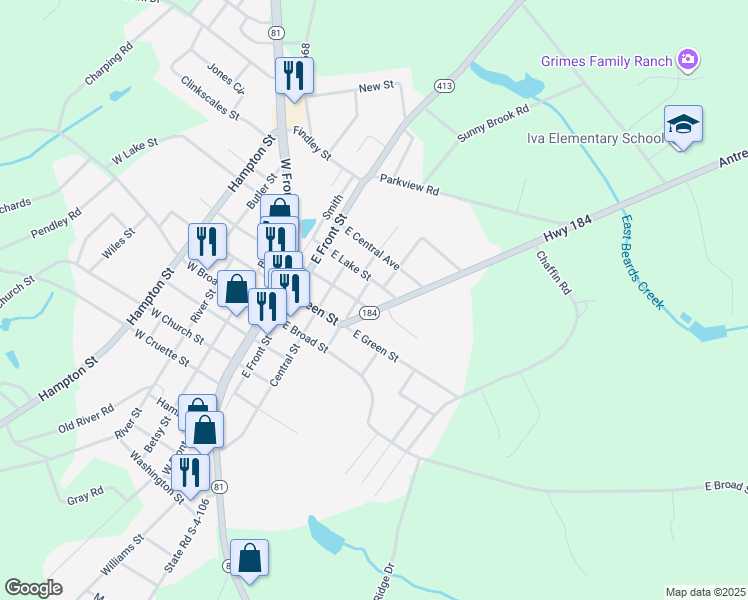 map of restaurants, bars, coffee shops, grocery stores, and more near 201 Antreville Highway in Iva