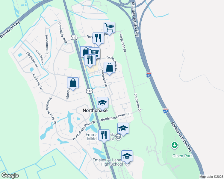 map of restaurants, bars, coffee shops, grocery stores, and more near 3005 Promenade Court in Wilmington