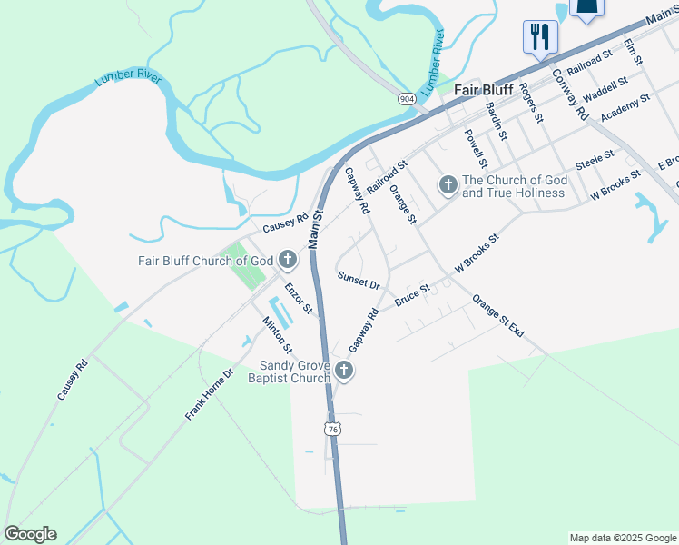 map of restaurants, bars, coffee shops, grocery stores, and more near 163 Sunset Drive in Fair Bluff