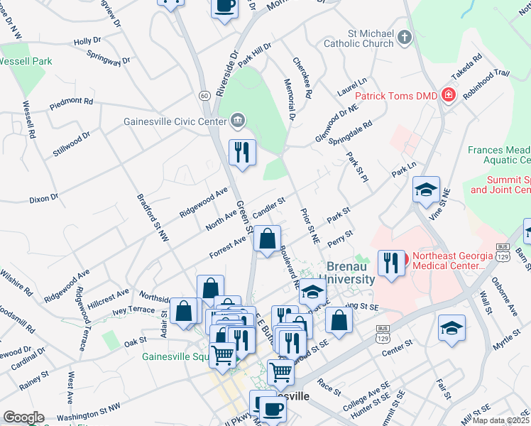 map of restaurants, bars, coffee shops, grocery stores, and more near 442 Boulevard Northeast in Gainesville