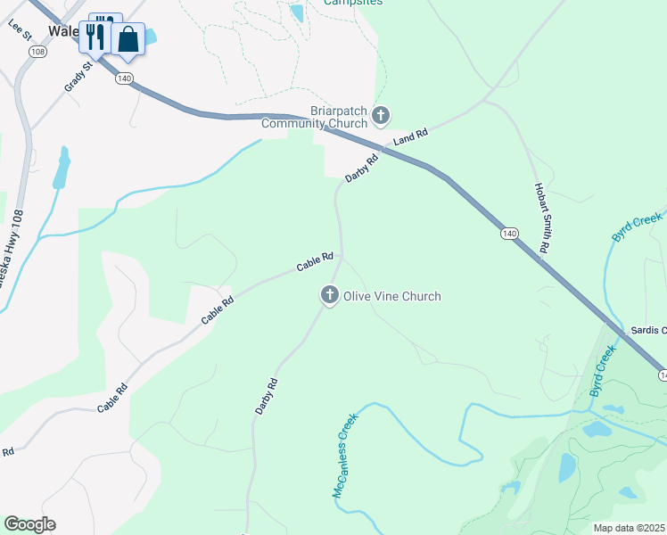 map of restaurants, bars, coffee shops, grocery stores, and more near 1743 Darby Road in Waleska