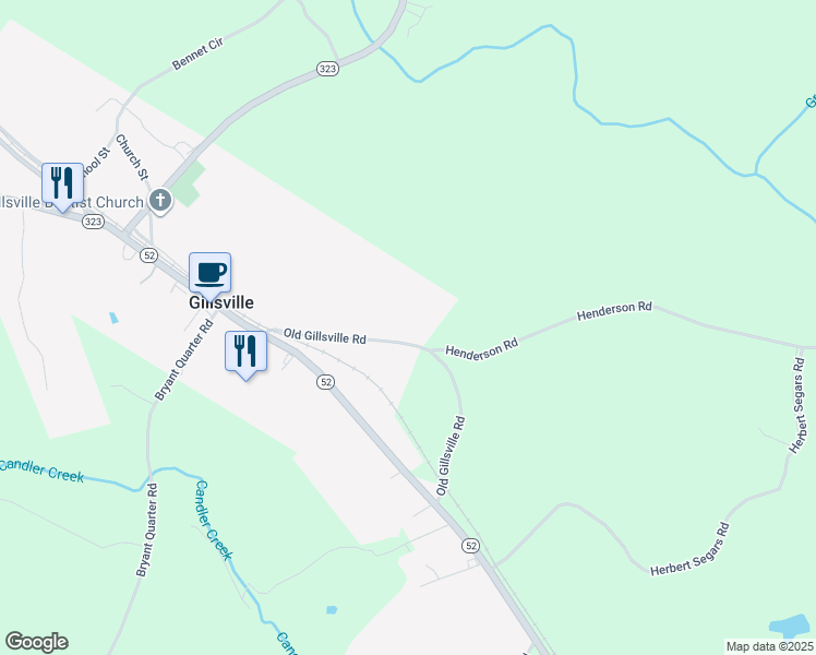 map of restaurants, bars, coffee shops, grocery stores, and more near 6474 Old Gillsville Road in Gillsville