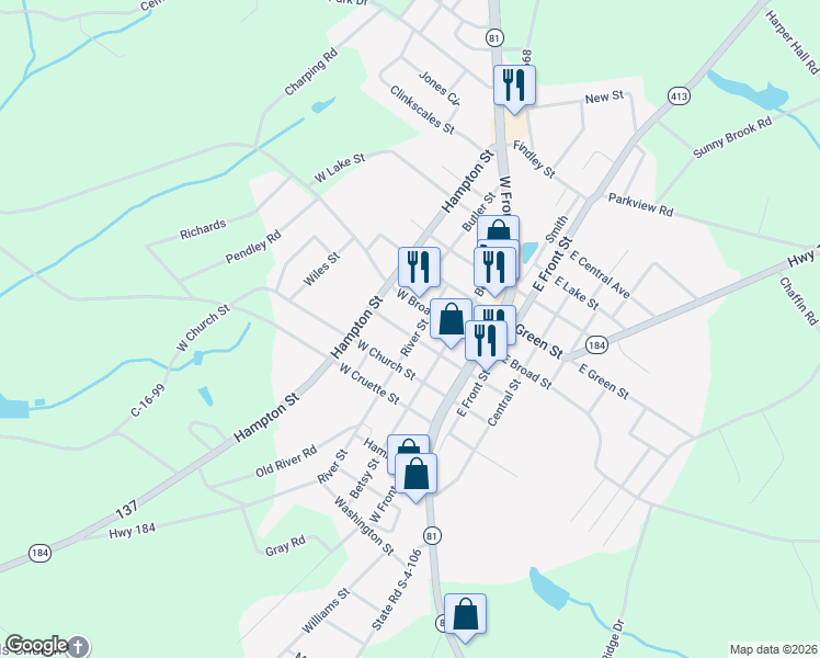 map of restaurants, bars, coffee shops, grocery stores, and more near 206 West Church Street in Iva