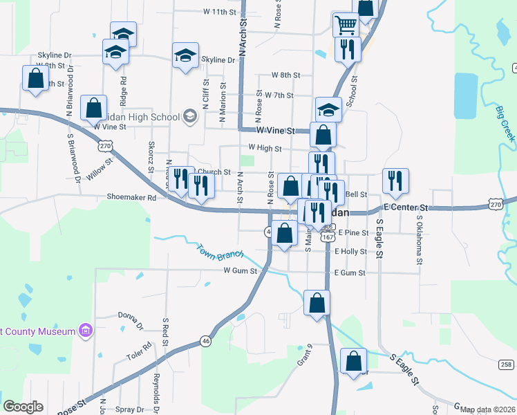 map of restaurants, bars, coffee shops, grocery stores, and more near 111 South Rose Street in Sheridan