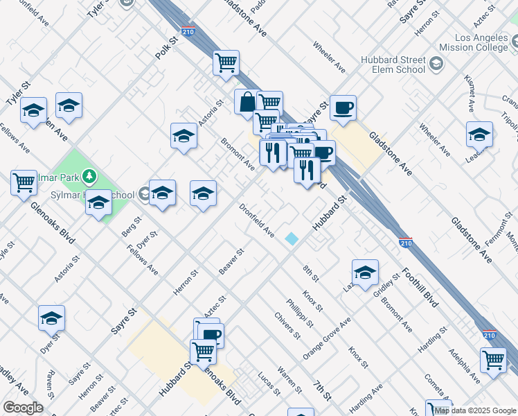 map of restaurants, bars, coffee shops, grocery stores, and more near 13900 Herron Street in Los Angeles