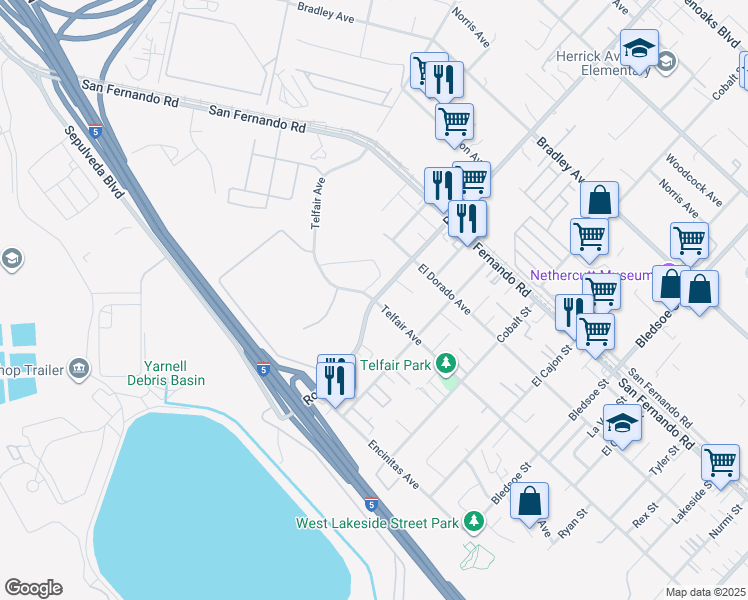 map of restaurants, bars, coffee shops, grocery stores, and more near Roxford St & Telfair Ave in Los Angeles