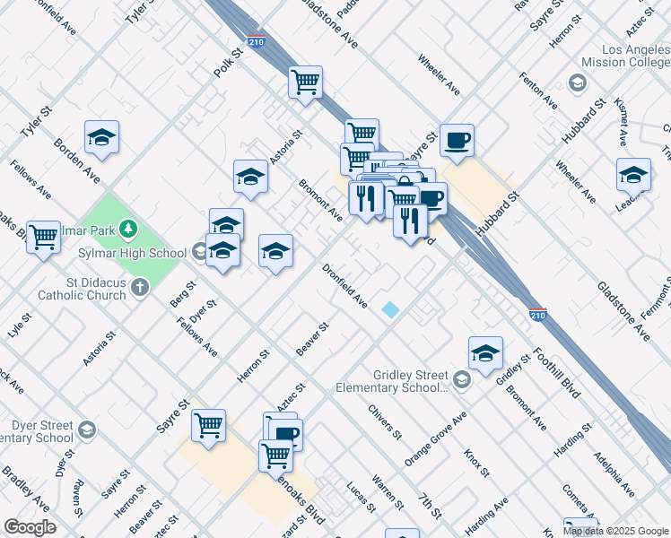 map of restaurants, bars, coffee shops, grocery stores, and more near 13900 Herron Street in Los Angeles